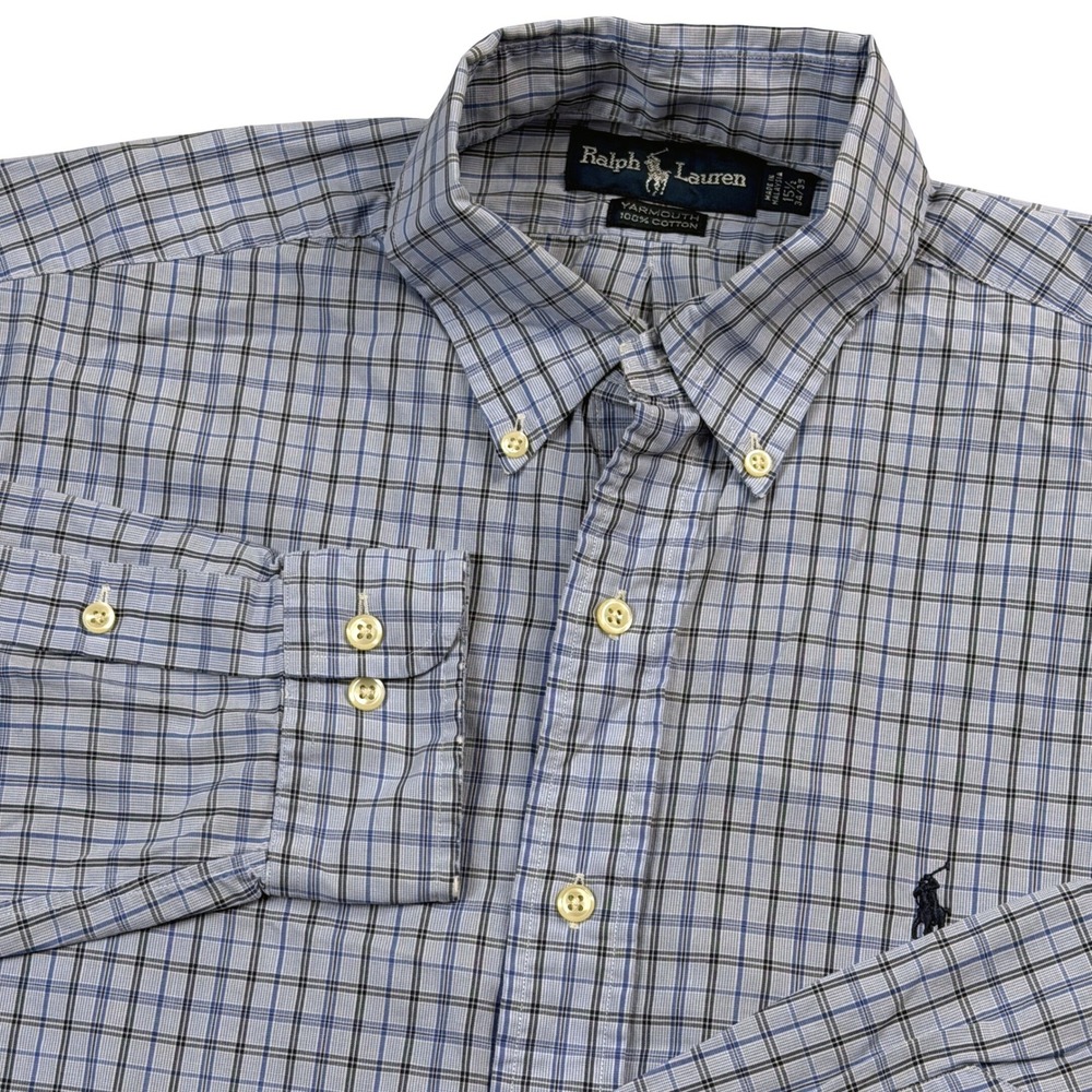 Ralph Lauren Yarmouth Mens 15.5 34/35 Blue Plaid‎ Cotton Button Down Dress Shirt